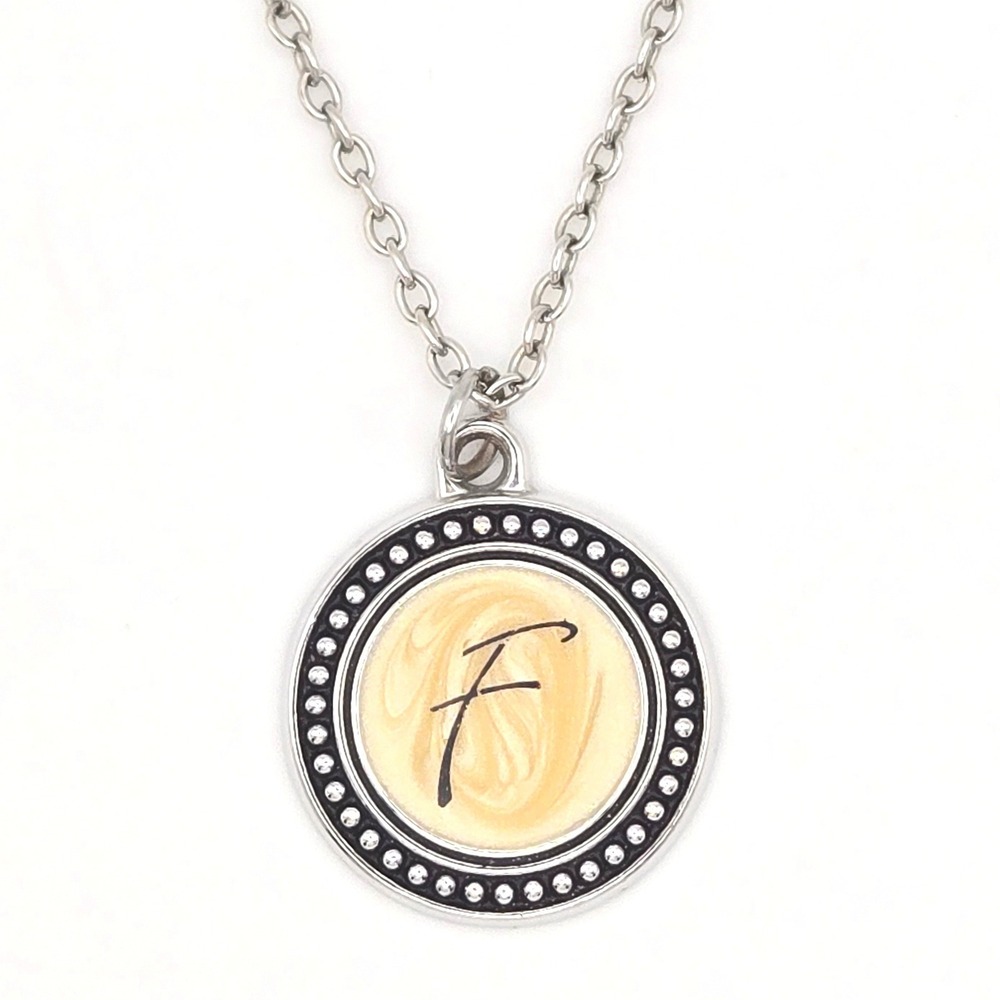 Silver Tone Round Pendant Necklace Initial Letterโ F Script Monogram Charm